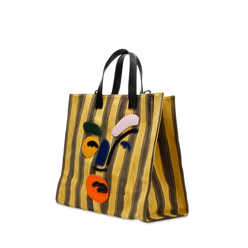Women's Handbags New Trendy Striped Canvas Tote Bag Large Capacity Contrast Color Single Shoulder Handbag