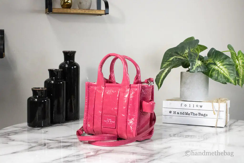 Marc Jacobs The Shiny Crinkle Micro Magenta Leather Tote