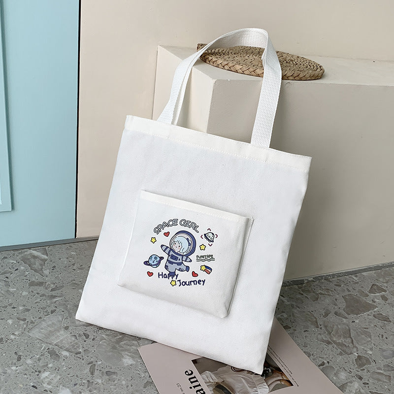 Cartoon Cute Astronaut Tote Bag Printed One-Shoulder Female Large Capacity Canvas Bag Korean Version Of The Small Fresh Shoulder Bag