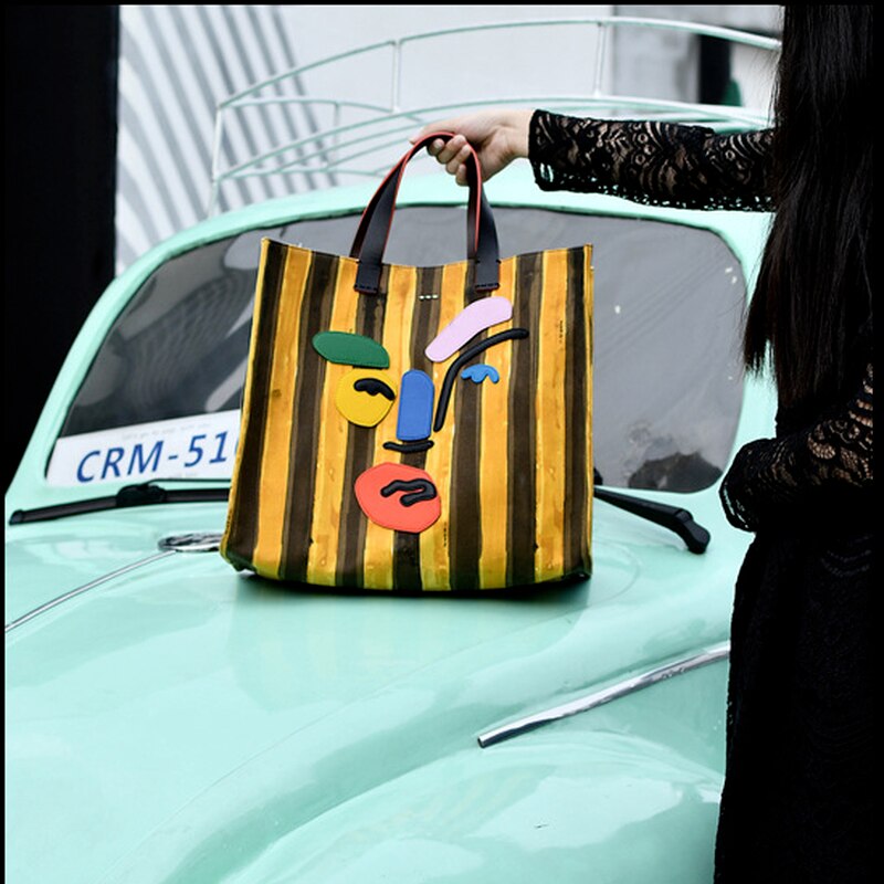 Women's Handbags New Trendy Striped Canvas Tote Bag Large Capacity Contrast Color Single Shoulder Handbag