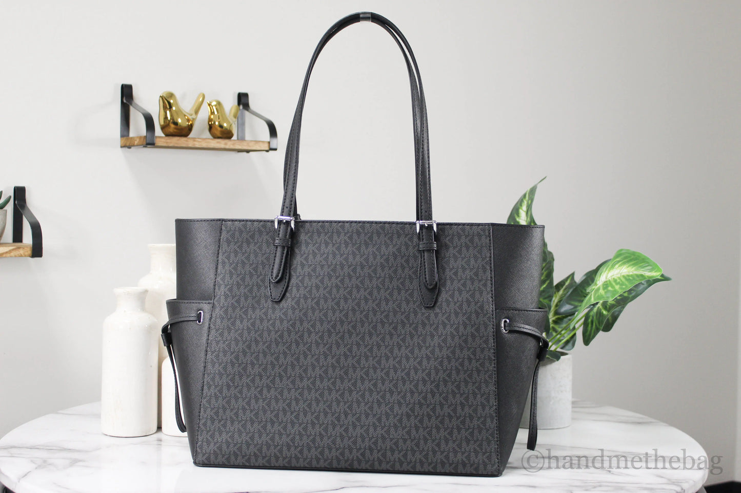 Michael Kors Gilly Large Black Signature PVC Travel Drawstring Tote Bag Handbag