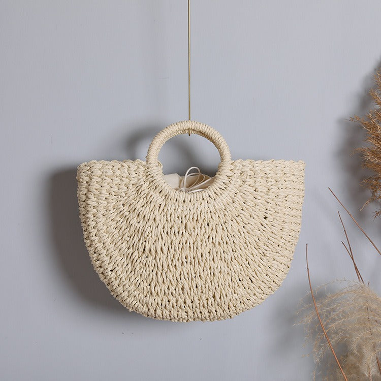 Women handmade round woven straw beach tote bags summer rattan handbag ladies weave straw bag