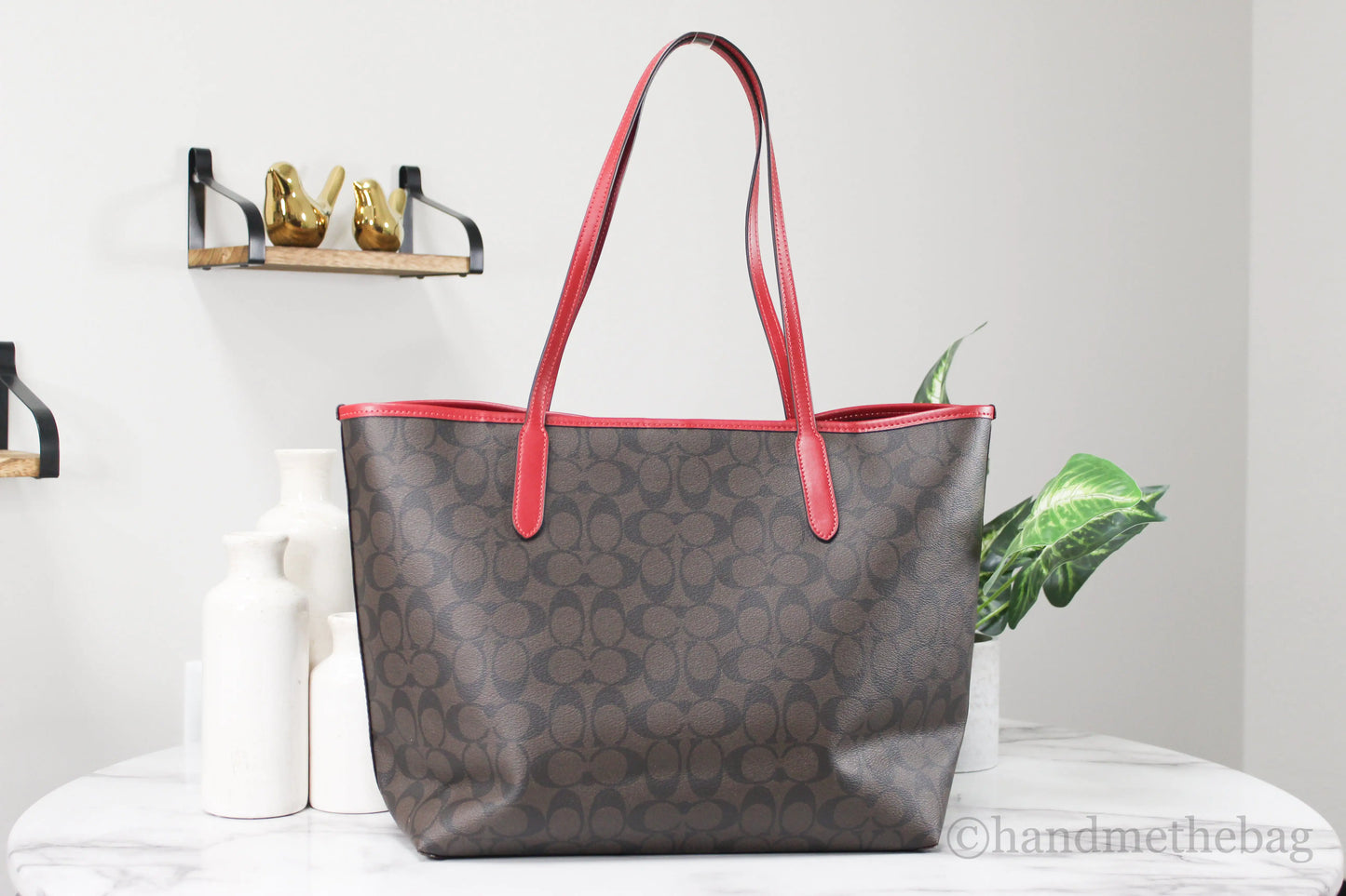 Coach (5696) Brown Red Signature Coated Canvas City Tote Shoulder Bag Handbag