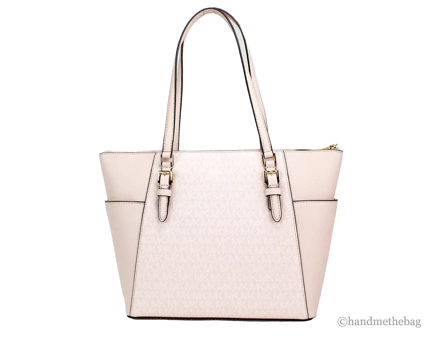 Michael Kors Charlotte Large Light Powder Blush Signature PVC Top Zip Tote Handbag