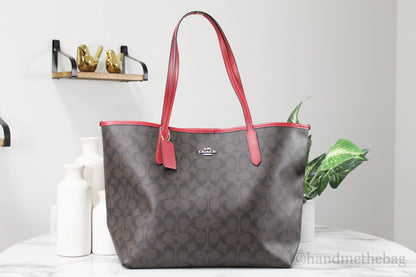 Coach (5696) Brown Red Signature Coated Canvas City Tote Shoulder Bag Handbag