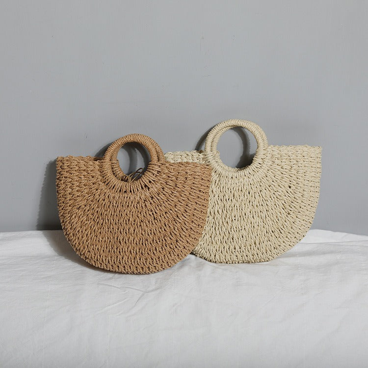 Women handmade round woven straw beach tote bags summer rattan handbag ladies weave straw bag