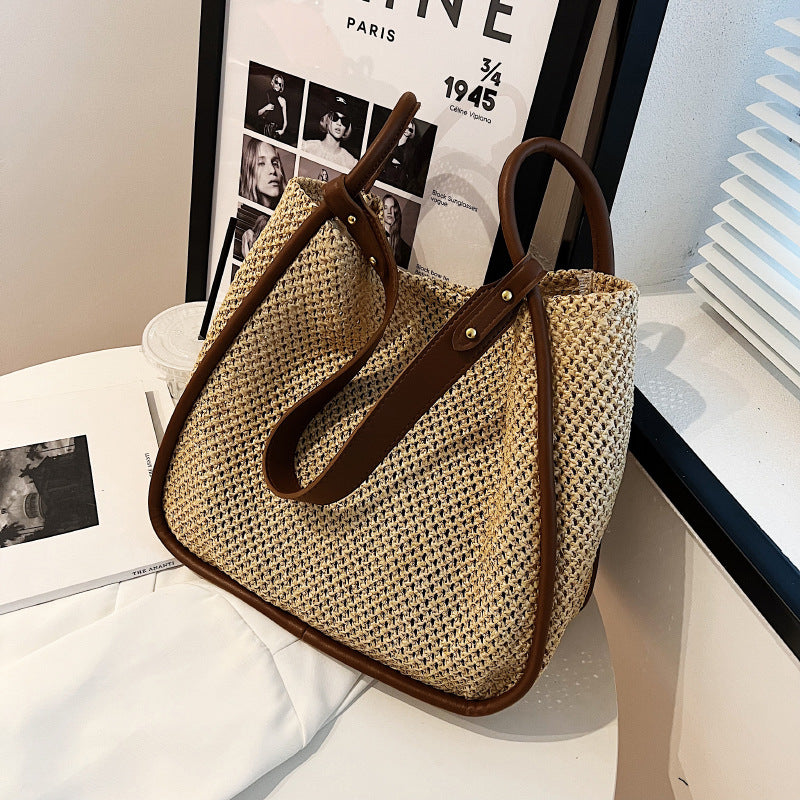 Large Capacity Portable Straw Woven Bag For Women's New Tote Personalized Color Contrast Summer Commuter Bag One Shoulder Woven Bag