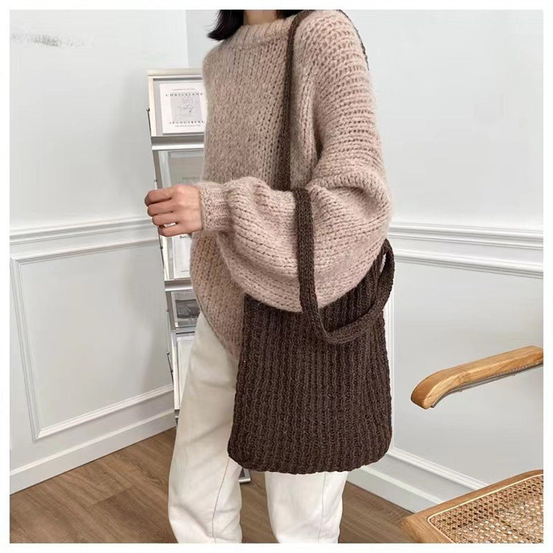 Korean Version Ins Wool Bag Retro Simple Knitted Bag Shoulder Bag Large Capacity Tote Bag