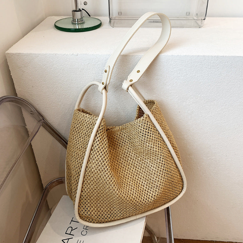 Large Capacity Portable Straw Woven Bag For Women's New Tote Personalized Color Contrast Summer Commuter Bag One Shoulder Woven Bag