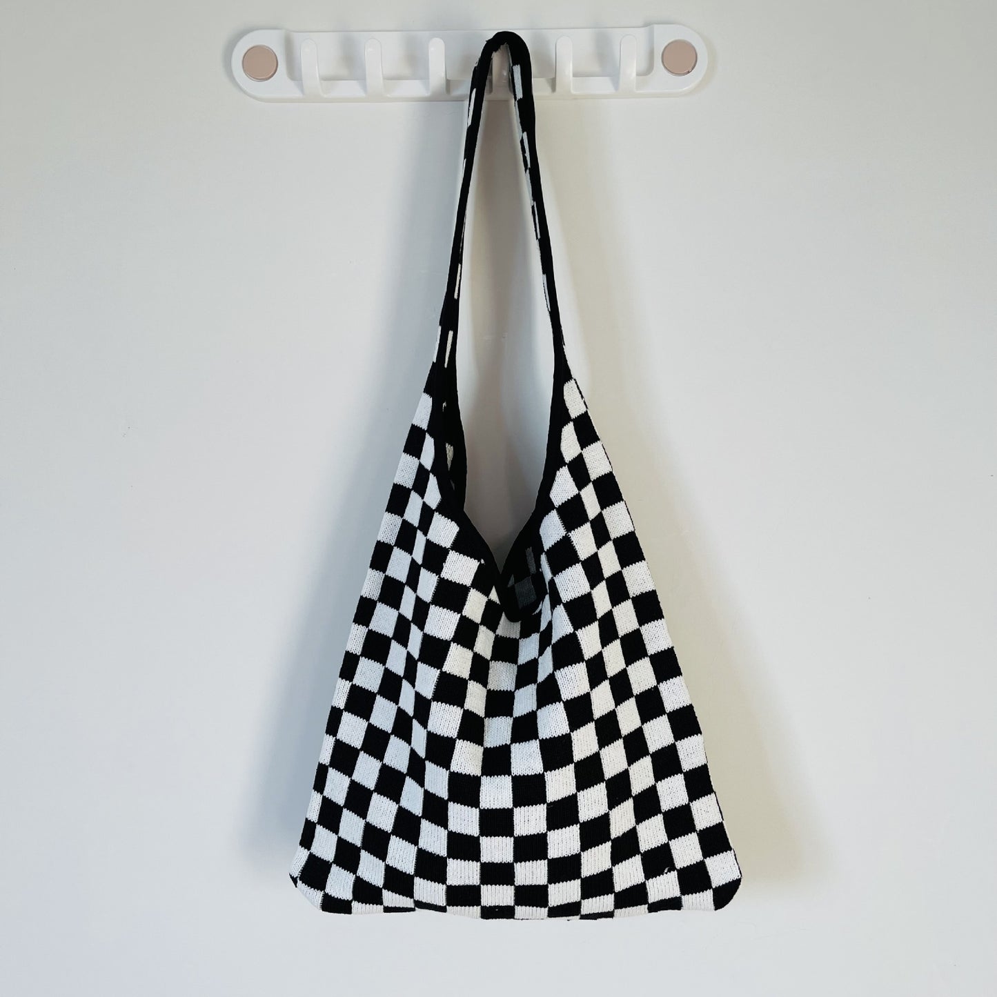 New Korean Version Of Black And White Plaid Contrast Color Knitted Bag Large Capacity Tote Bag Shoulder Bag Women