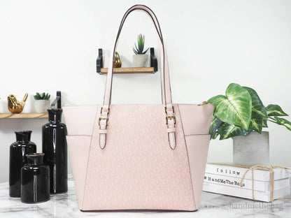 Michael Kors Charlotte Large Dark Powder Blush Signature PVC Top Zip Tote Handbag
