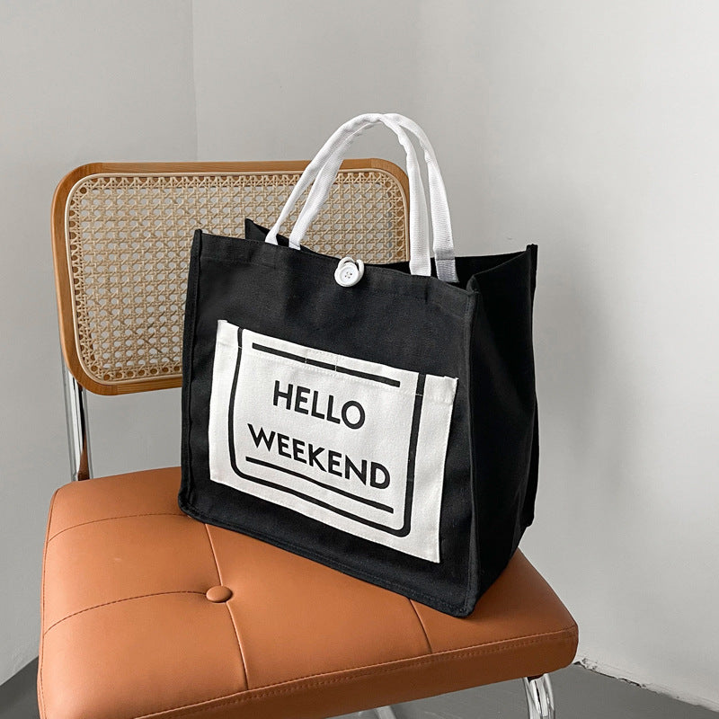 Retro Button Tote Bag New Canvas Letter Printing Tote Bag Large Capacity Fashion Simple Hand Carry Shopping Bag