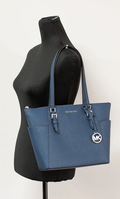 Michael Kors Charlotte Navy Leather Large Top Zip Tote