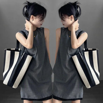 Black and white contrasting wide shoulder strap women's bag large capacity tote bag bucket bag