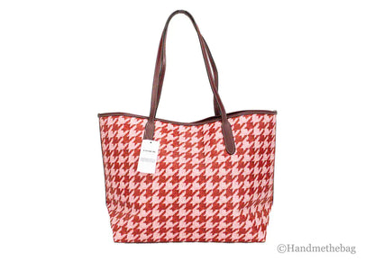 Coach Pink Red Houndstooth Coated Canvas City Tote