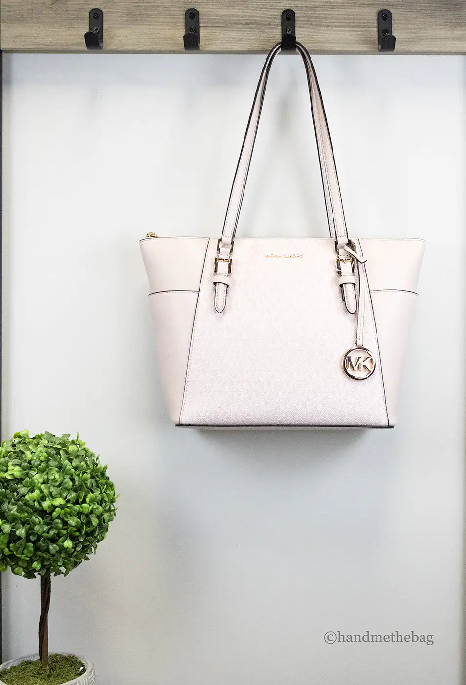 Michael Kors Charlotte Large Light Powder Blush Signature PVC Top Zip Tote Handbag