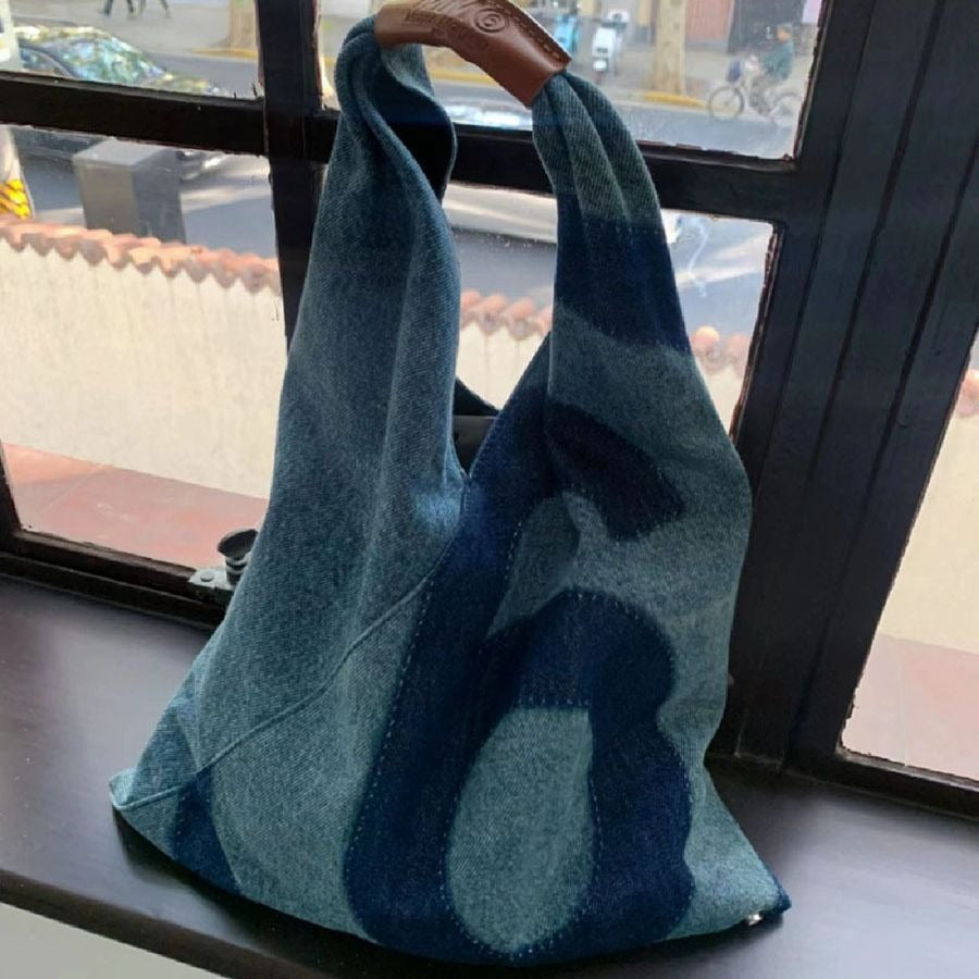 Denim Hobo Purse for Women Triangle Shape Tote Handbags Retro Blue Large Capacity Shoulder Bag