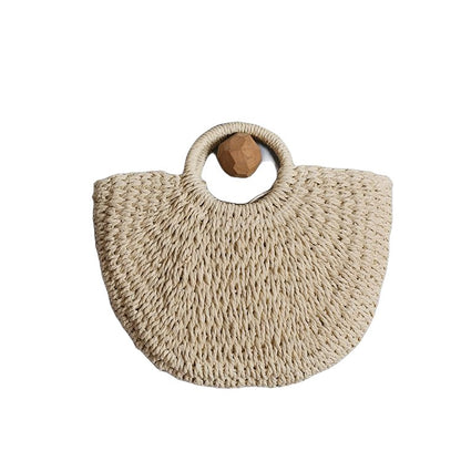 Women handmade round woven straw beach tote bags summer rattan handbag ladies weave straw bag