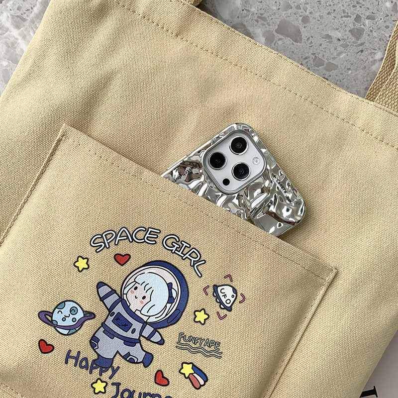 Cartoon Cute Astronaut Tote Bag Printed One-Shoulder Female Large Capacity Canvas Bag Korean Version Of The Small Fresh Shoulder Bag