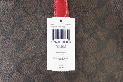 Coach (5696) Brown Red Signature Coated Canvas City Tote Shoulder Bag Handbag