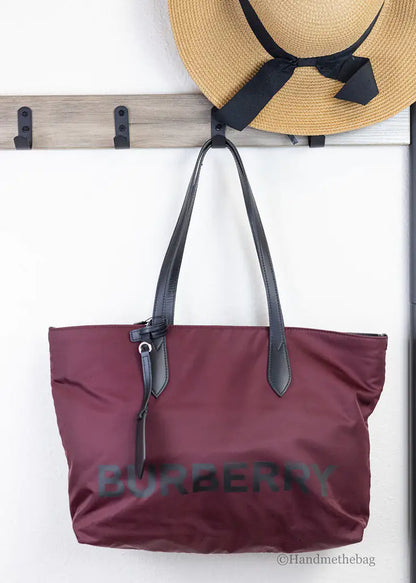 Burberry Medium Burgundy Logo Nylon Tote Shoulder Bag