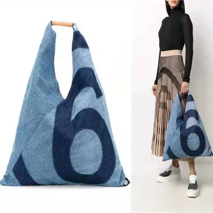 Denim Hobo Purse for Women Triangle Shape Tote Handbags Retro Blue Large Capacity Shoulder Bag