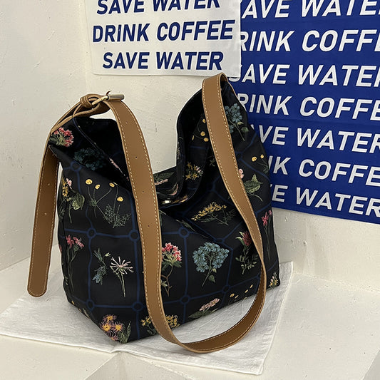 Texture Commuter Large Capacity Tote Bag Women's Summer New Fashion Floret Retro Simple Single Shoulder Bag Large Bag