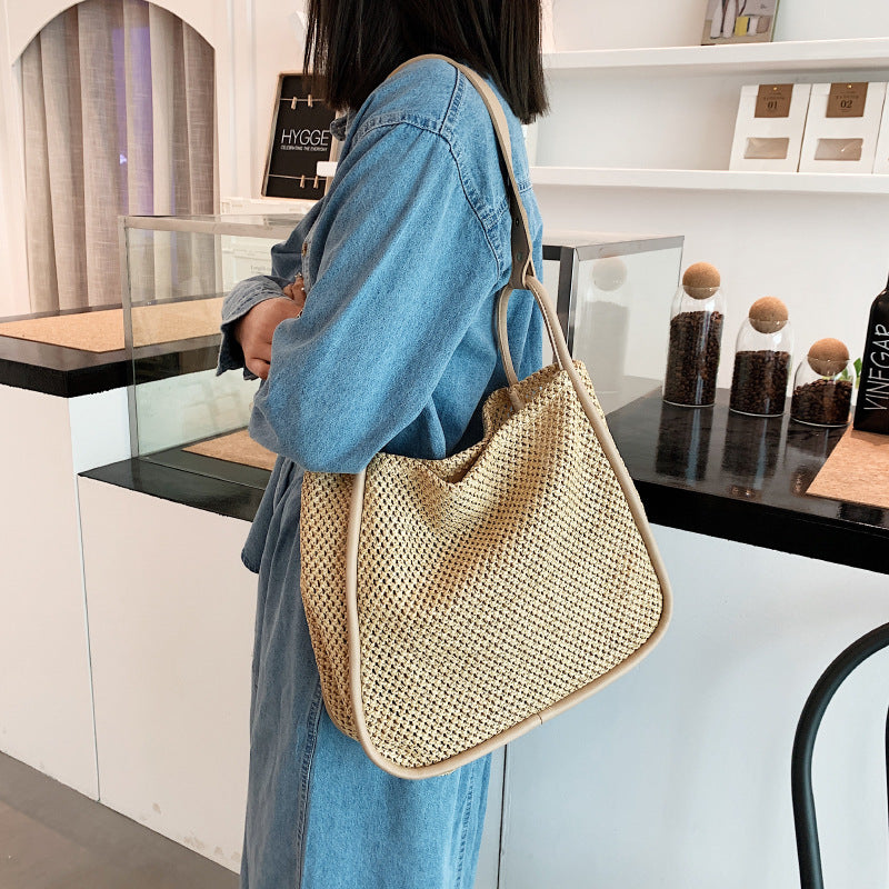 Large Capacity Portable Straw Woven Bag For Women's New Tote Personalized Color Contrast Summer Commuter Bag One Shoulder Woven Bag