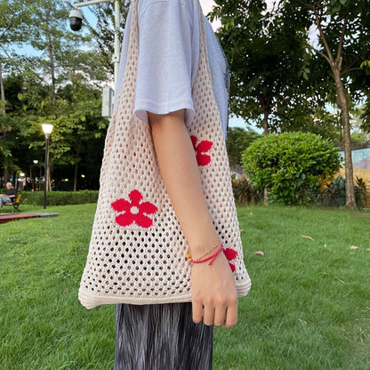 New Japanese And Korean Tote Bag Flower Bag Knitted Bag Mesh Hollow Shoulder Bag Women