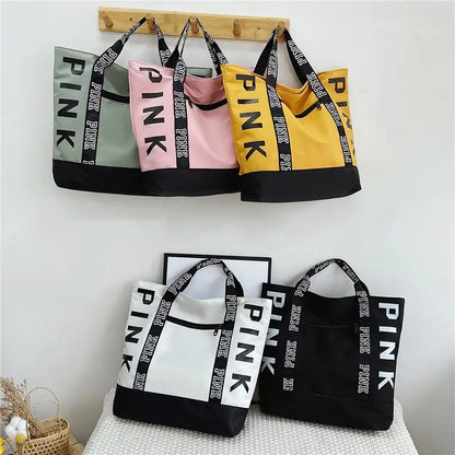 Pink Colorblock Tote Bag With Graphic Design