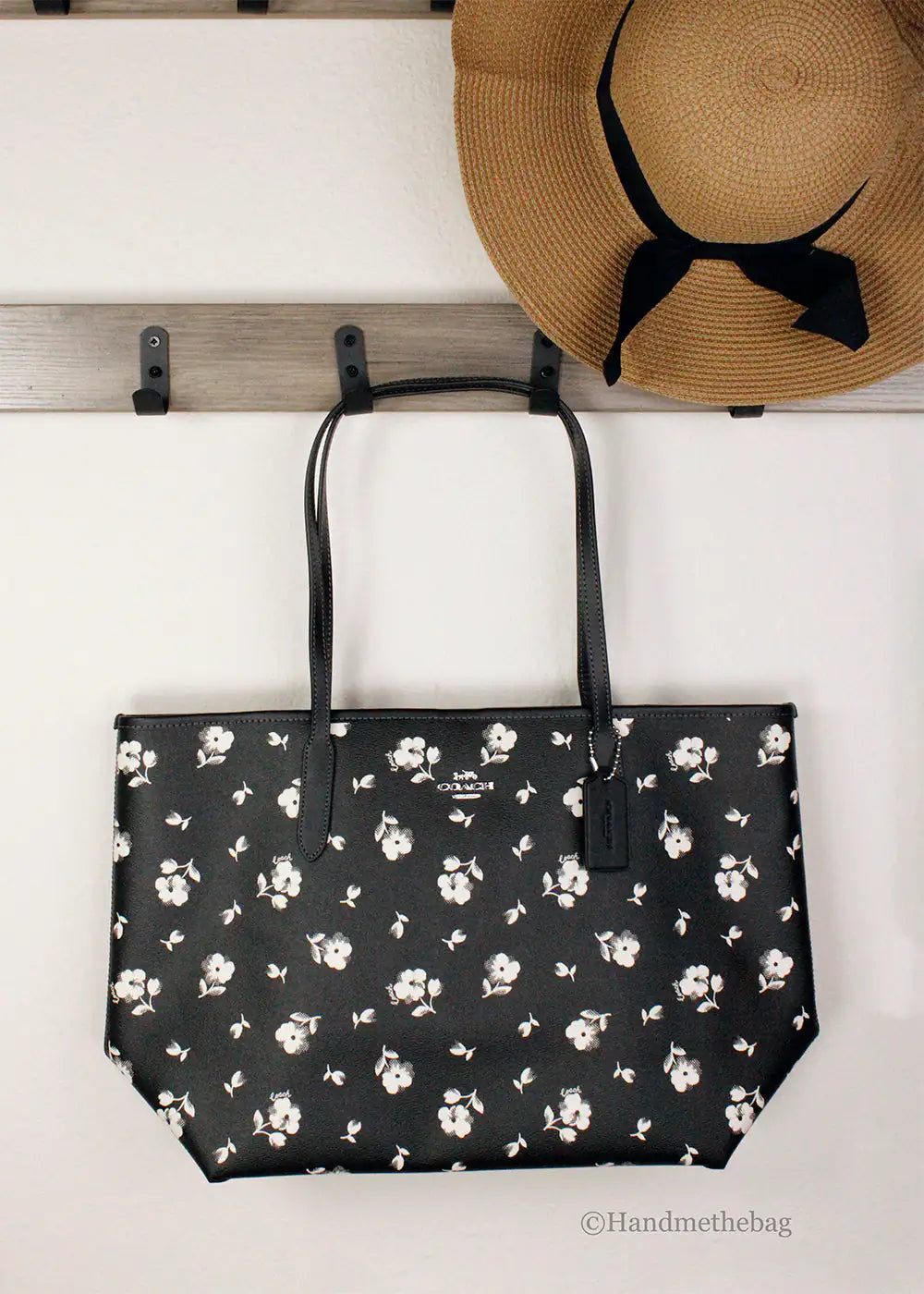 Coach Black White Floral Printed Coated Canvas City Tote