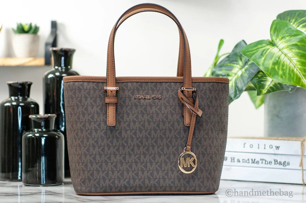 Michael Kors Jet Set Brown Signature XS Carryall Top Zip Crossbody Tote Handbag