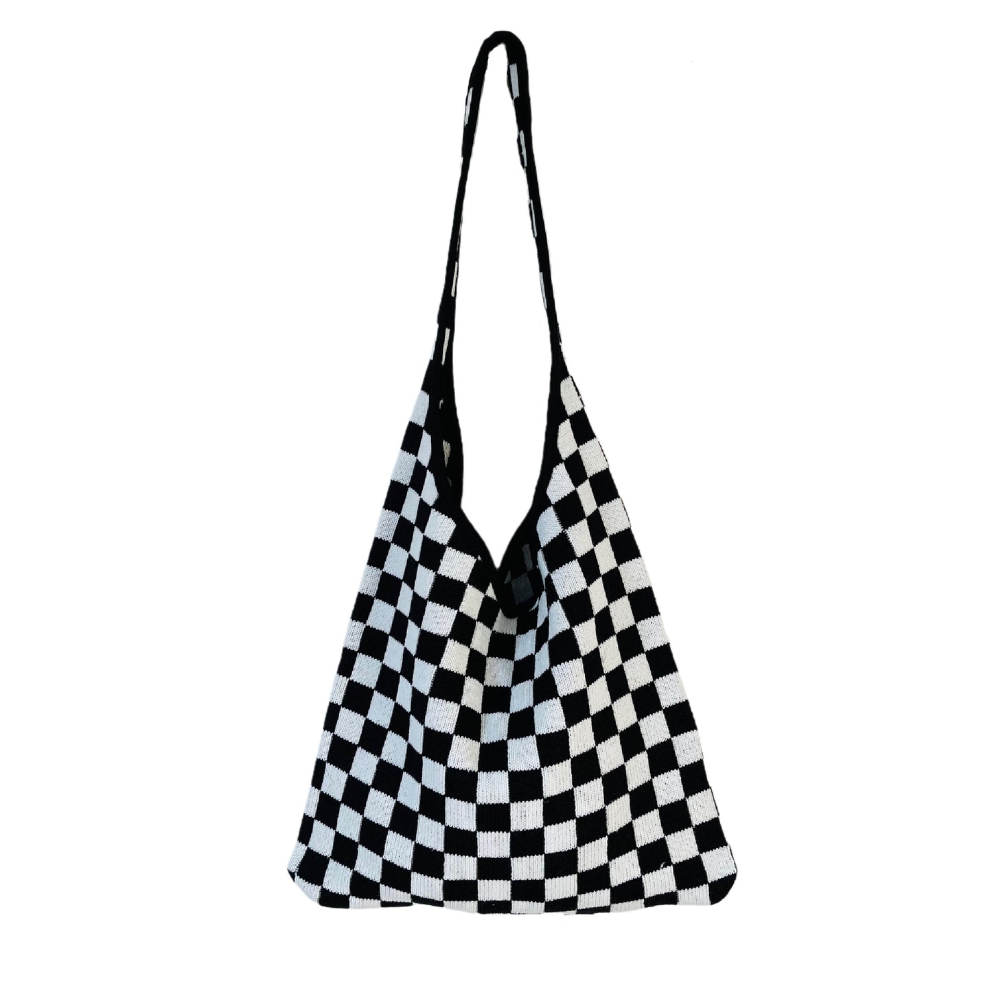 New Korean Version Of Black And White Plaid Contrast Color Knitted Bag Large Capacity Tote Bag Shoulder Bag Women