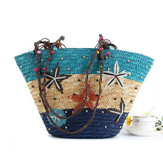 Straw Bag Fashion Women Shoulder Bags Large Capacity Beach Bag Wheat Pole Weave Handbag Starfish Ladies Tote