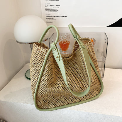 Large Capacity Portable Straw Woven Bag For Women's New Tote Personalized Color Contrast Summer Commuter Bag One Shoulder Woven Bag