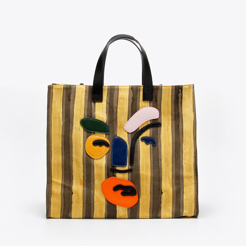 Women's Handbags New Trendy Striped Canvas Tote Bag Large Capacity Contrast Color Single Shoulder Handbag