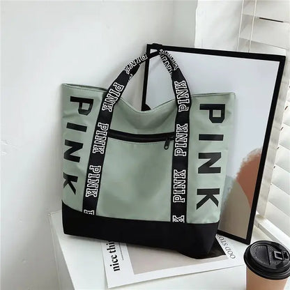 Pink Colorblock Tote Bag With Graphic Design