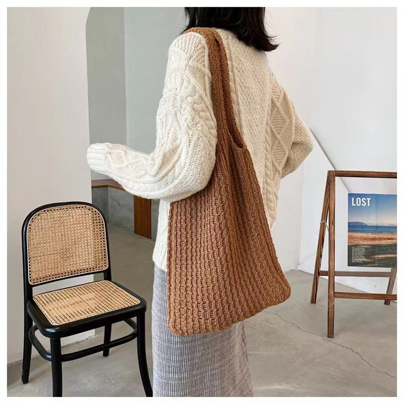 Korean Version Ins Wool Bag Retro Simple Knitted Bag Shoulder Bag Large Capacity Tote Bag