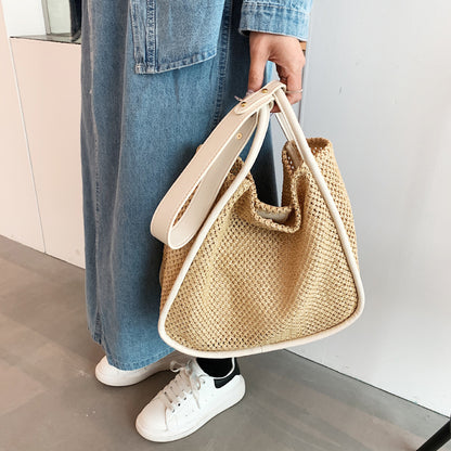 Large Capacity Portable Straw Woven Bag For Women's New Tote Personalized Color Contrast Summer Commuter Bag One Shoulder Woven Bag