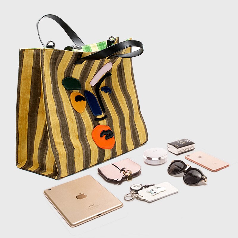 Women's Handbags New Trendy Striped Canvas Tote Bag Large Capacity Contrast Color Single Shoulder Handbag