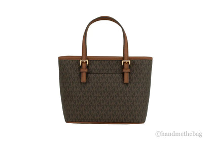 Michael Kors Jet Set Brown Signature XS Carryall Top Zip Crossbody Tote Handbag