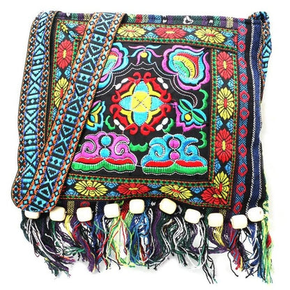 Hmong Vintage Chinese National Style Ethnic Shoulder Bag Embroidery Boho Hippie Tassel Tote Messenger