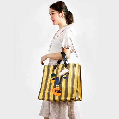 Women's Handbags New Trendy Striped Canvas Tote Bag Large Capacity Contrast Color Single Shoulder Handbag