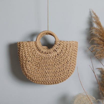 Women handmade round woven straw beach tote bags summer rattan handbag ladies weave straw bag