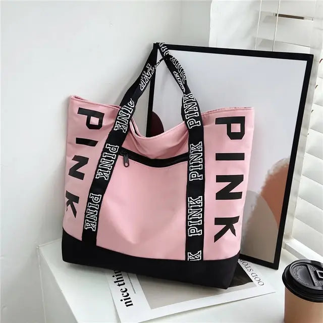 Pink Colorblock Tote Bag With Graphic Design