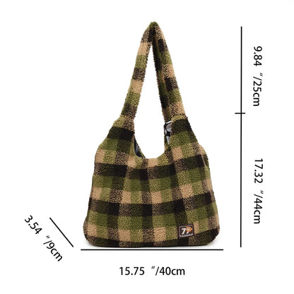 Women Lamb Wool Fluffy Handbag Large Capacity Plush Shoulder Bag Plaid Pattern Tote Bag Vintage Fashion Shopping Underarm Bag