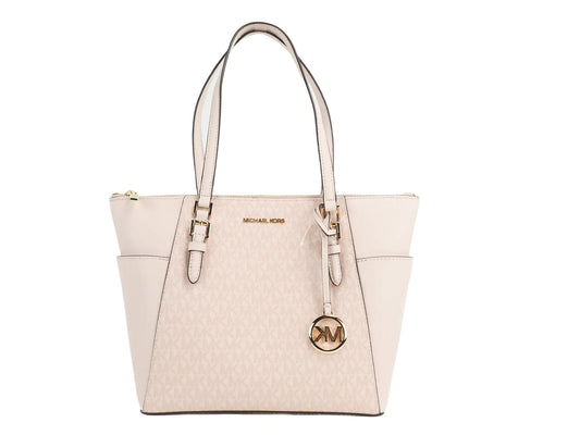 Michael Kors Charlotte Large Dark Powder Blush Signature PVC Top Zip Tote Handbag
