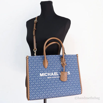 Michael Kors Mirella Medium Signature Denim Logo Canvas East West Tote Handbag