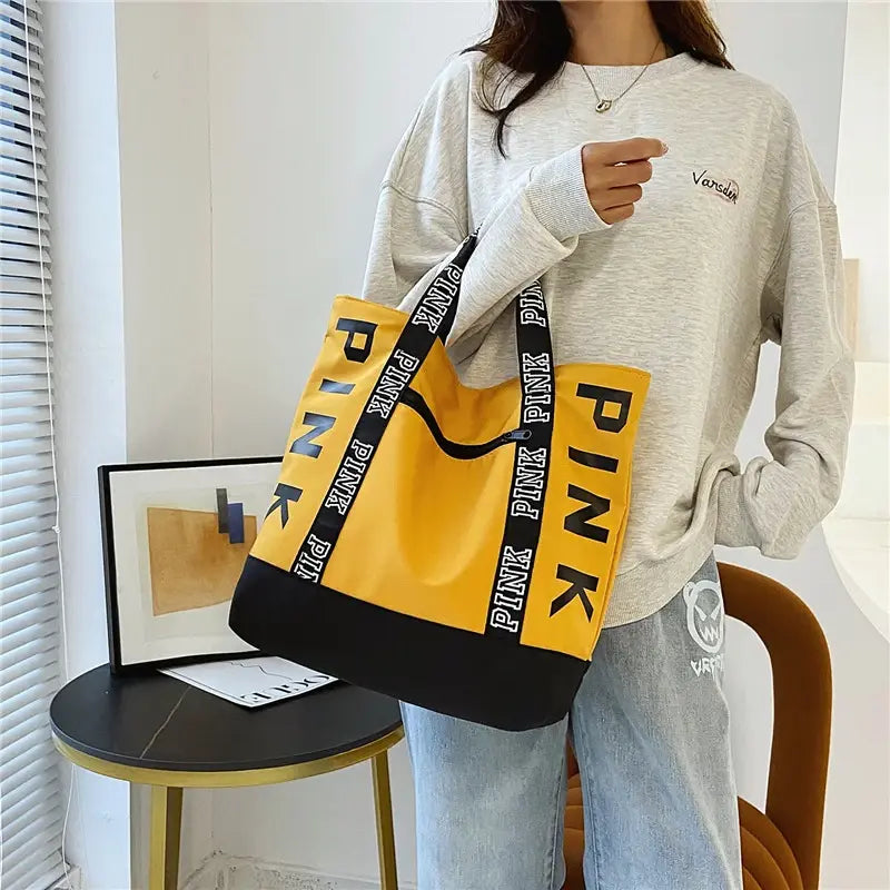 Pink Colorblock Tote Bag With Graphic Design