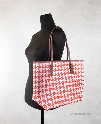 Coach Pink Red Houndstooth Coated Canvas City Tote